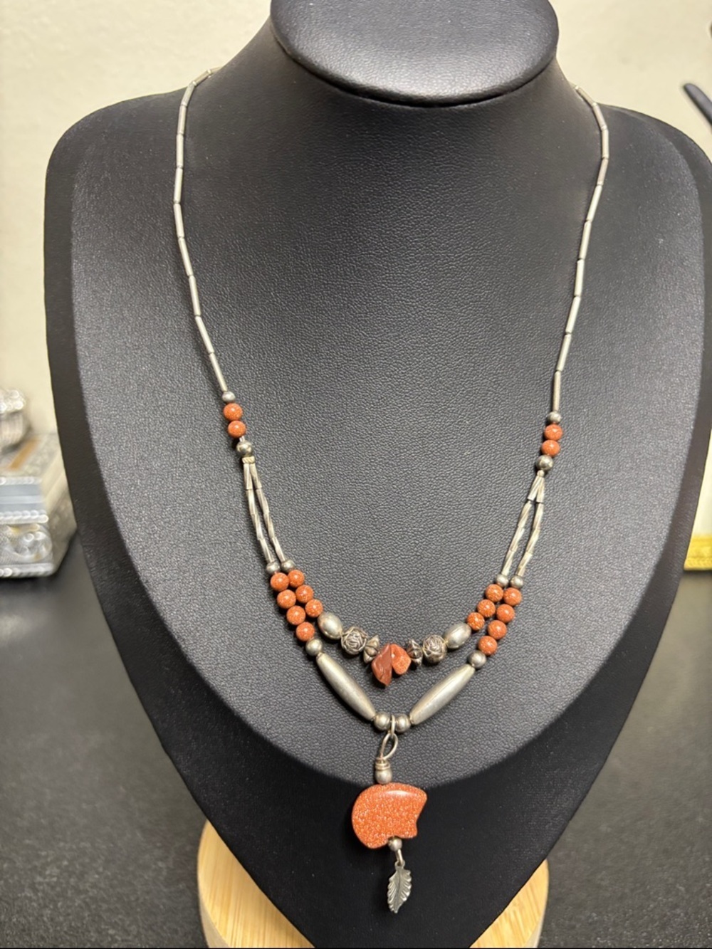 Dainty Native American Silver Tone Beaded Burnt Orange Stone Boho Necklace